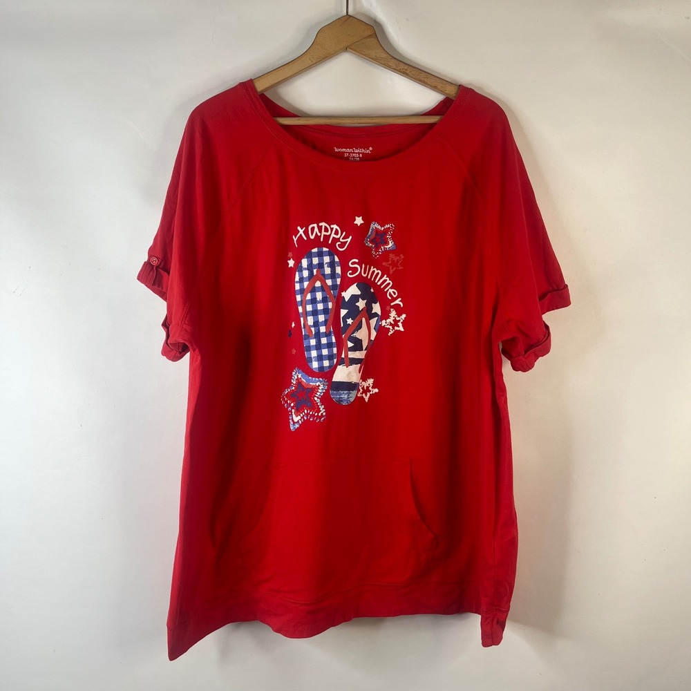 Woman Within T-Shirt Women 2X 4th of July Red Happy Summer Flip Flops Pocket